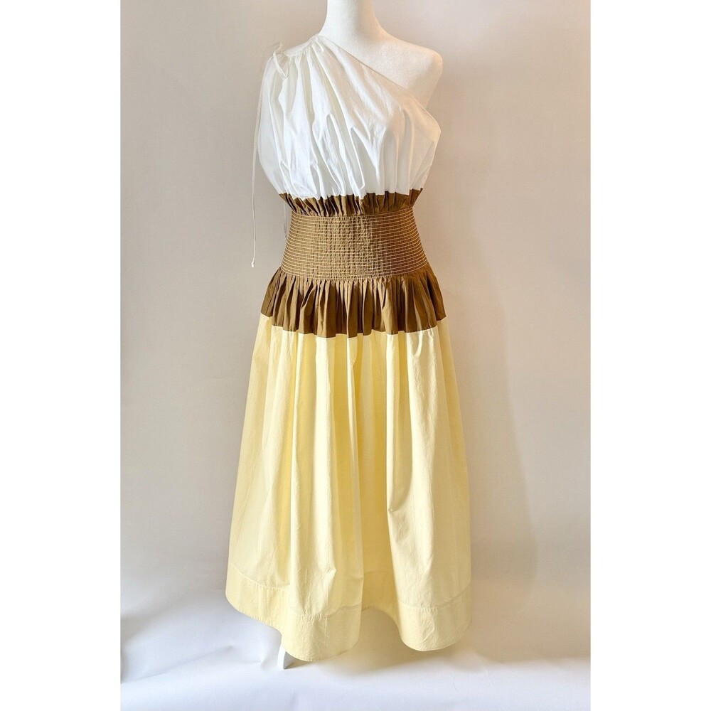 TORY BURCH Colorblock One Shoulder Dress Women's 6 Yellow Brown Wht Cottagecore